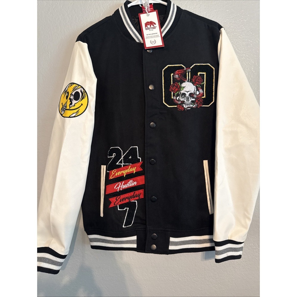 Ring of Fire Varsity Jacket S NWT Black White Skull Roses Vegan Leather RY00647